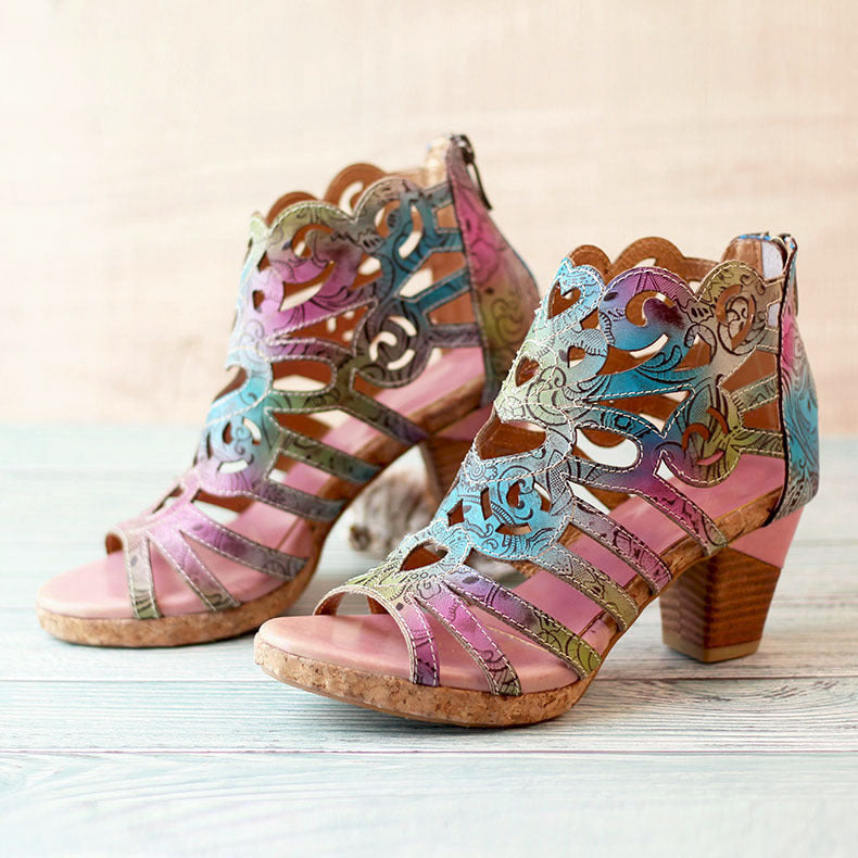 👡 Sandales Rétro Faites Main – Dégradé & Talon Épais | Charme XL