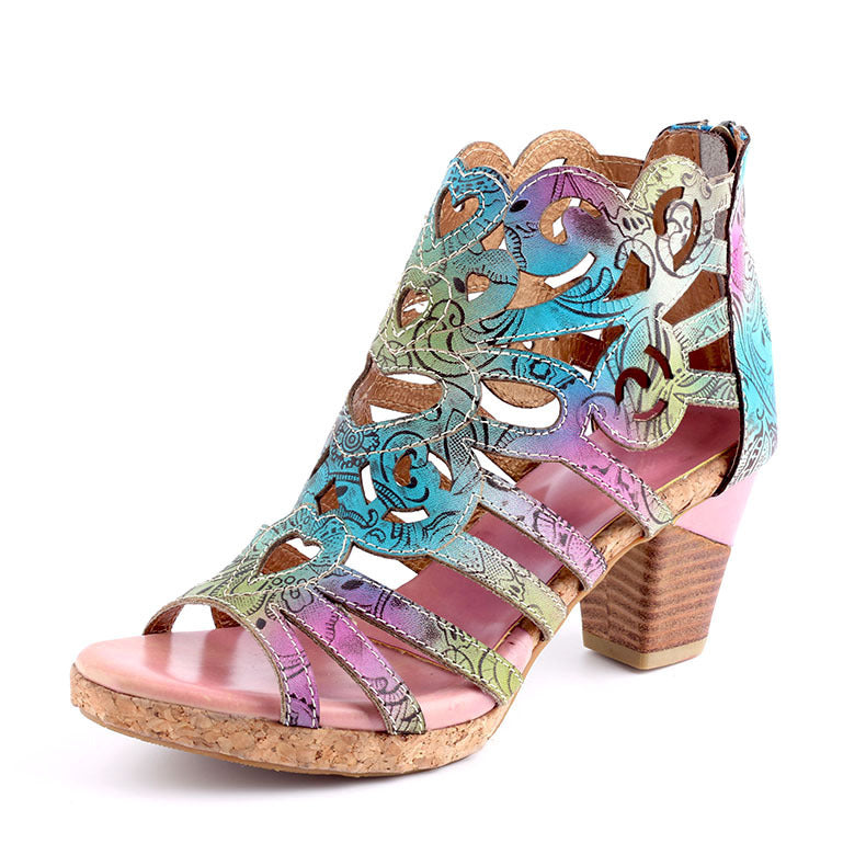 👡 Sandales Rétro Faites Main – Dégradé & Talon Épais | Charme XL