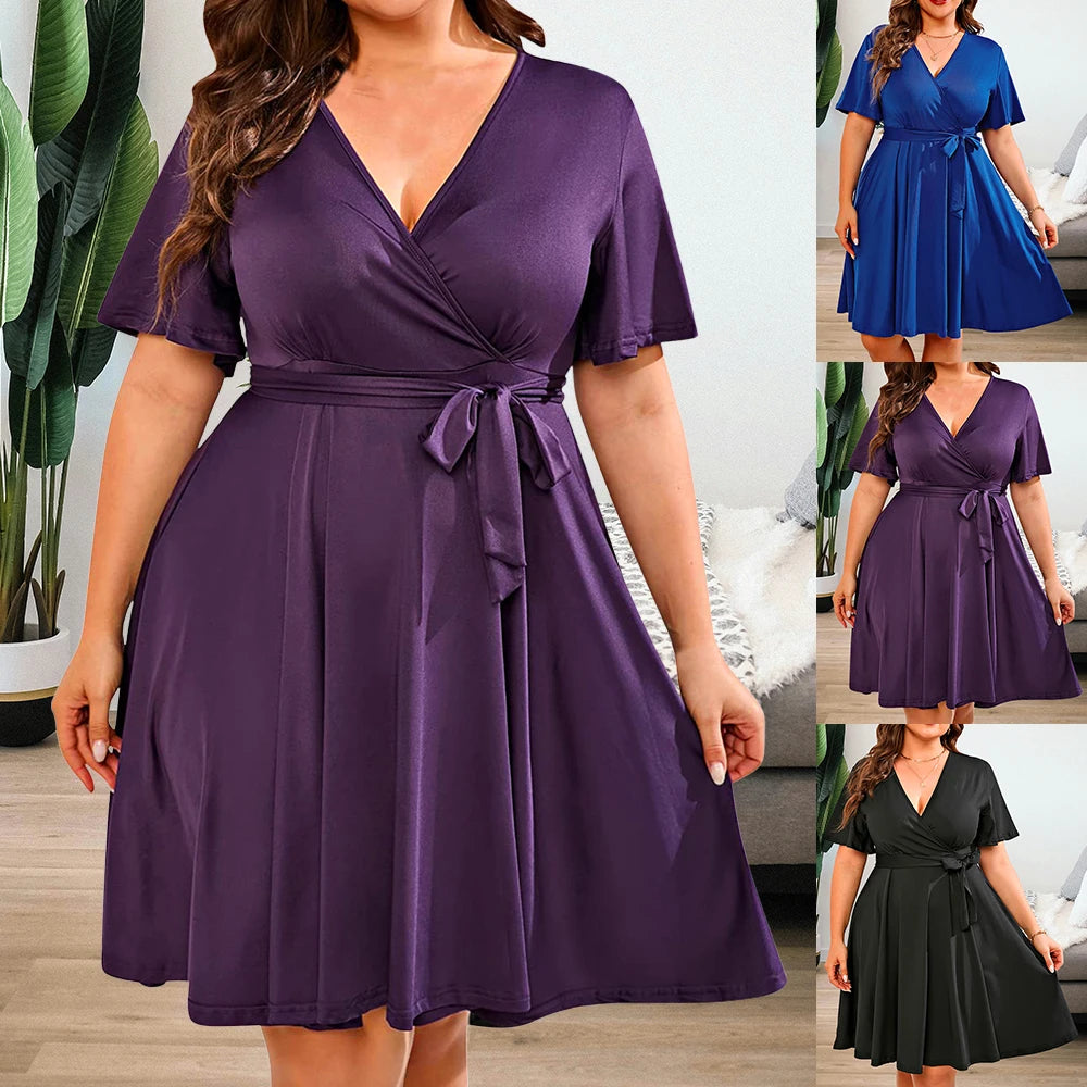 👗 Robe Été Grande Taille Femme 2024 – Col V, Jersey Uni & Coupe Trapèze.
