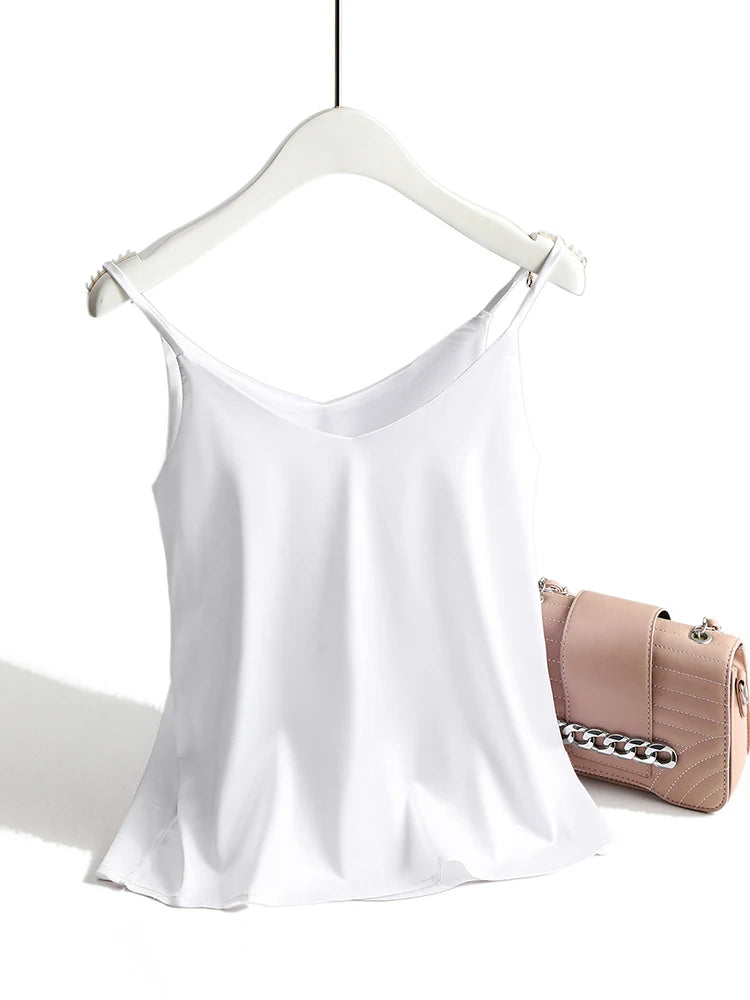 👚 Top satiné femme 2025 – Débardeur col V blanc, style soie été