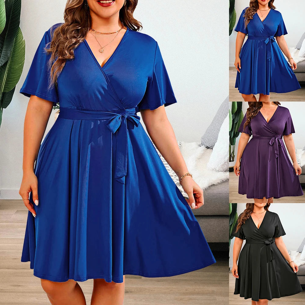 👗 Robe Été Grande Taille Femme 2024 – Col V, Jersey Uni & Coupe Trapèze.